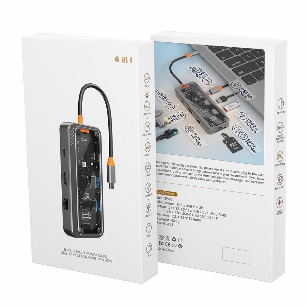 SW8V 8 in 1 Type-C Docking Station Portable USB Hub Adapter USB-C to USB3.0 / USB2.0 / Type-C2.0 / 100M Ethernet
