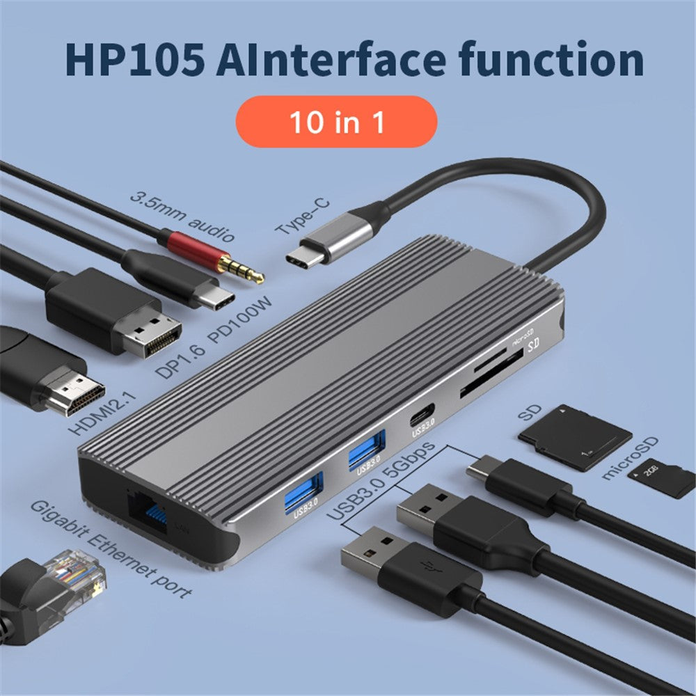 BLUEENDLESS HP105 Type-C Laptop Docking Station 10-in-1 Splitter Multiport USB 3.0 Extension Hub