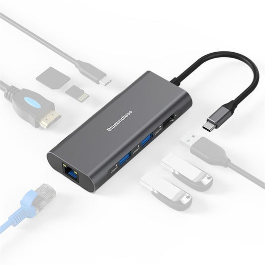 BLUEENDLESS HC801 4K Type-C Hub 8-in-1 Multiport PC Laptop USB 3.0 Docking Station Splitter Adapter