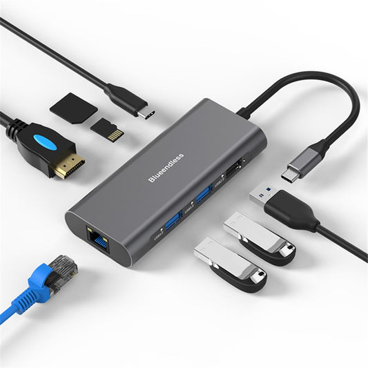 BLUEENDLESS HC801 4K Type-C Hub 8-in-1 Multiport PC Laptop USB 3.0 Docking Station Splitter Adapter