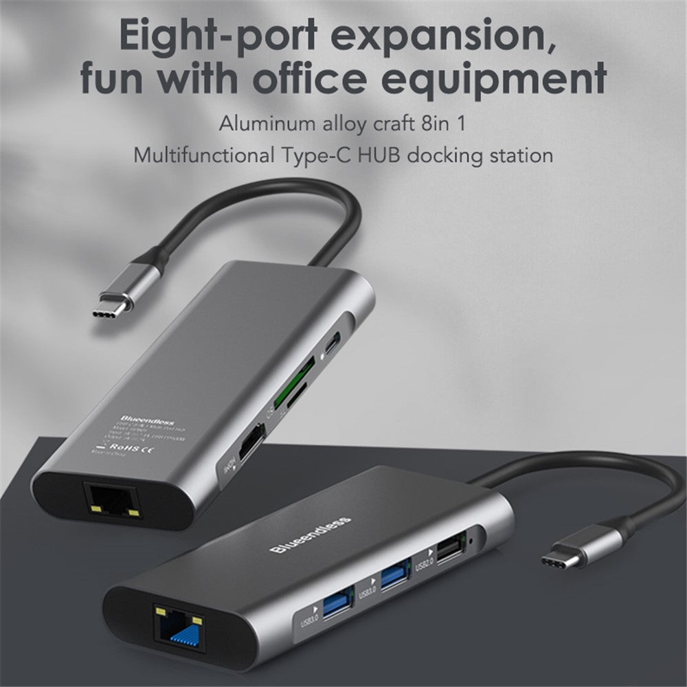 BLUEENDLESS HC801 4K Type-C Hub 8-in-1 Multiport PC Laptop USB 3.0 Docking Station Splitter Adapter
