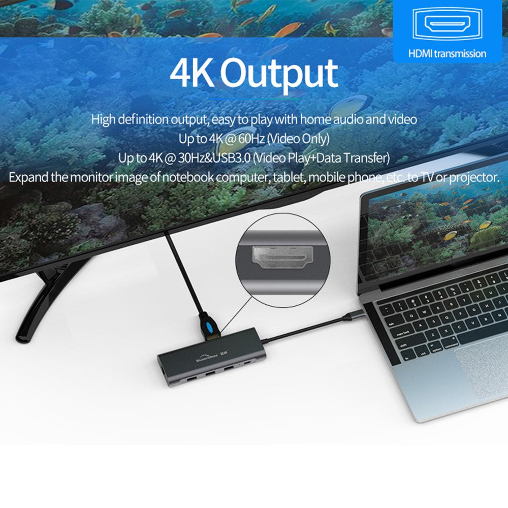 BLUEENDLESS HC901 Type-C Aluminum Alloy Hub 9-in-1 Docking Station Adapter with 100mm Extended Cable