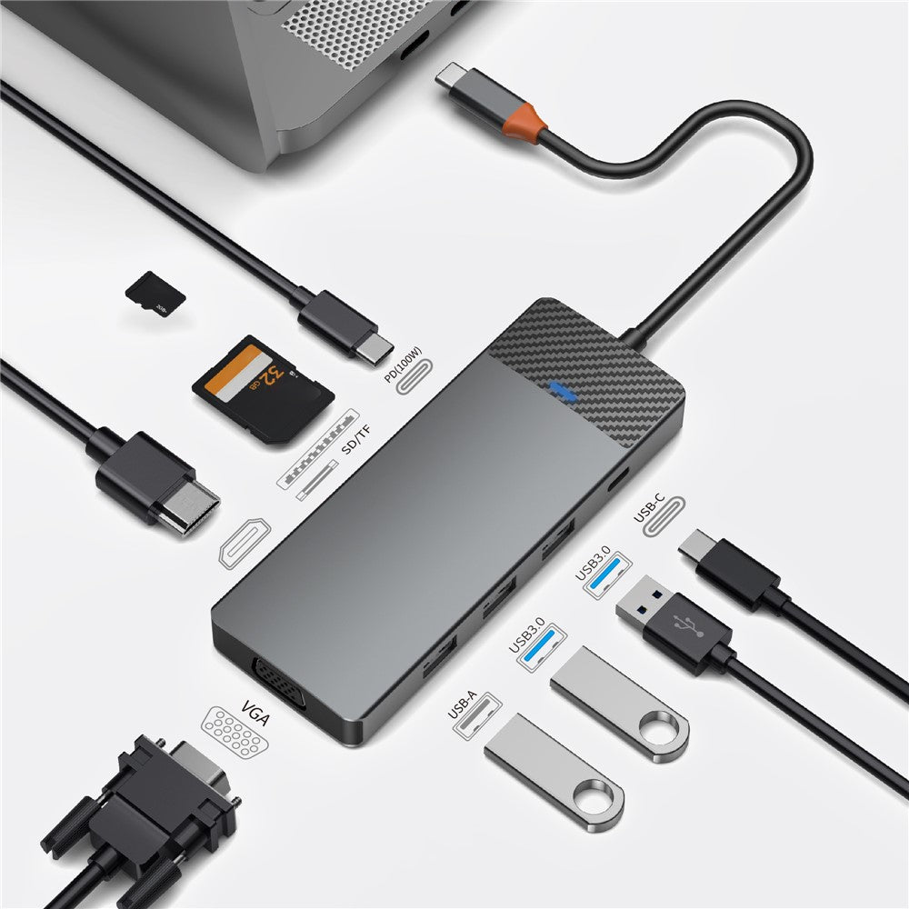 WIWU A921HV 9-In-1 Type-C Hub Multi-Port Converter with USB+PD+USB-C+Card Reader Slots+VGA+HD Output