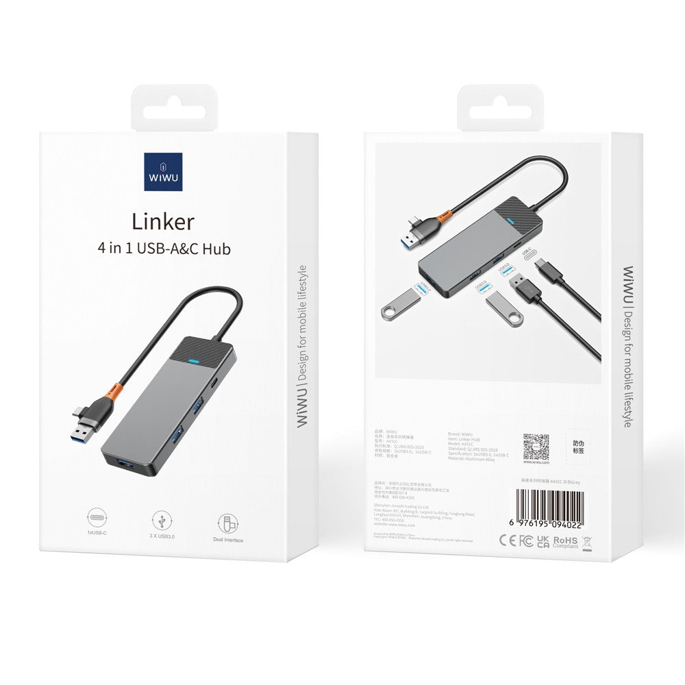 WIWU A431C Linker Series USB-A&C Hub Adapter 4-in-1 Portable Docking Station with 3 USB3.0+USB-C 3.0