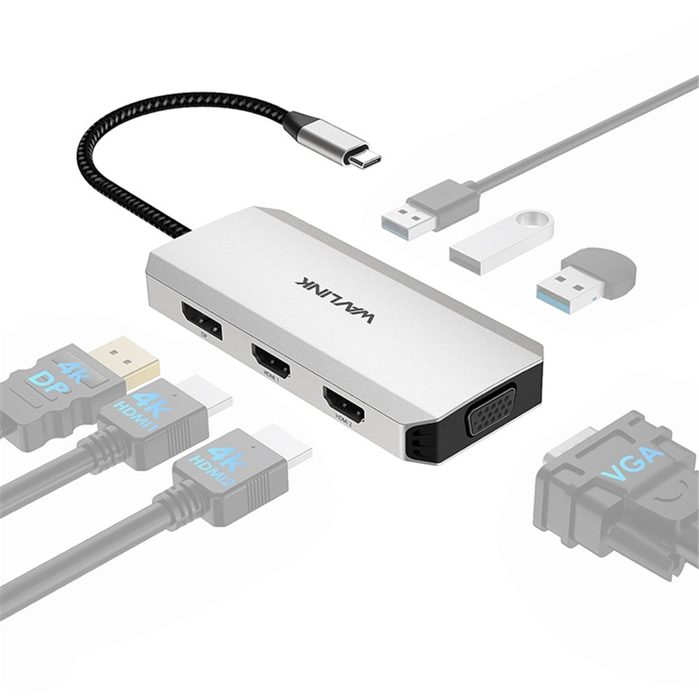 WAVLINK UMD304 7-in-1 Laptop Docking Station Converter USB-C to Dual HD 4K / 60Hz / VGA / 3 USB2.0 Hub Adapter