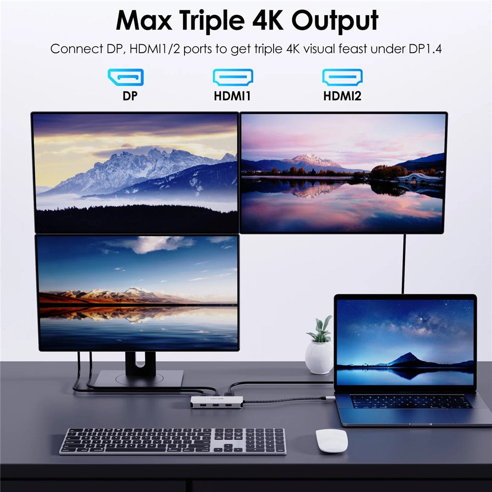 WAVLINK UMD304 7-in-1 Laptop Docking Station Converter USB-C to Dual HD 4K / 60Hz / VGA / 3 USB2.0 Hub Adapter