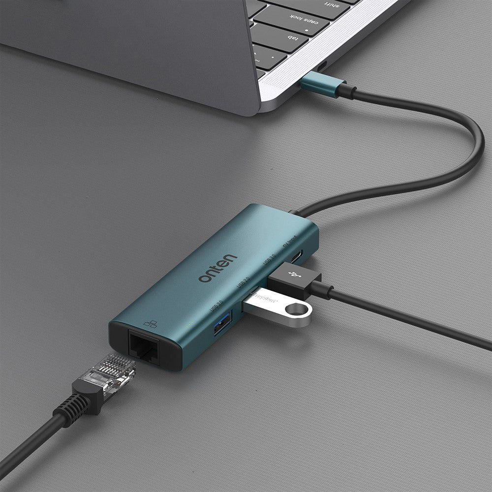 ONTEN UC121 5-in-1 USB Hub Type-C to USB3.0 + 2xUSB2.0 + Type-C Input + RJ45 100Mbps Network Adapter