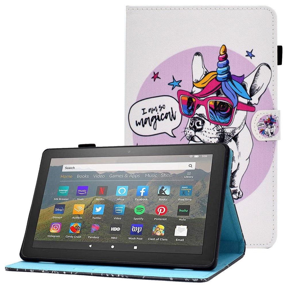 For Amazon Fire HD 8 (2016)  /  (2017)  /  (2018) Shockproof Cover Anti-Scratch Leather Case Stitched Pattern Printed Magnetic Closure Tablet Stand Case with Wallet  /  Card Slots