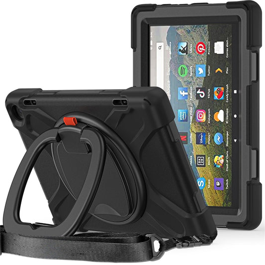 For Amazon Fire HD 8 (2022) / HD 8 (2024) PC + Silicone Tablet Case Drop-Proof Back Cover Rotary Kickstand with Shoulder Strap