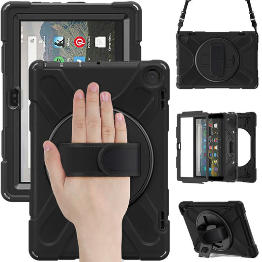 For Amazon Fire HD 8 (2022) / HD 8 (2024) Kickstand Tablet Case 360 Degree Rotation Hand Strap PC + Silicone Protective Cover with Shoulder Strap