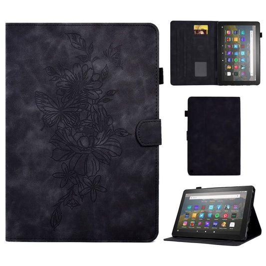 For Amazon Fire HD 8 (2020) Butterfly Flower Pattern Imprinted PU Leather Folio Flip Shell Stitching Line Stand Card Holder Tablet Cover with Auto Wake / Sleep Feature