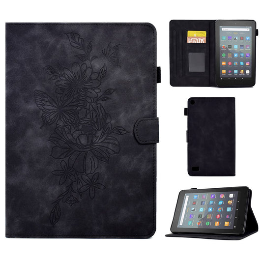 For Amazon Fire 7 (2015) / (2017) / (2019) Butterfly Flower Pattern Imprinted Magnetic Flip Protection Cover PU Leather Stand Card Holder Tablet Case with Auto Wake / Sleep