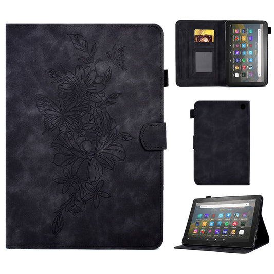 Butterfly Flower Pattern Imprinted Leather Case for Amazon Fire 7 (2022), Stitching Line Full Protection Tablet Cover with Card Holder Stand