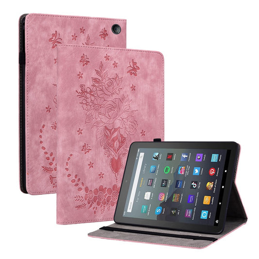 For Amazon Fire 7 (2022) PU Leather Stand Cover Butterfly Rose Imprinted Anti-drop Tablet Case with Card Slots