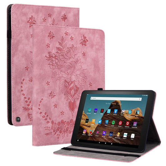 For Amazon Fire HD 10 (2023) Tablet Case Card Holder Butterfly Rose Imprinted PU Leather Cover