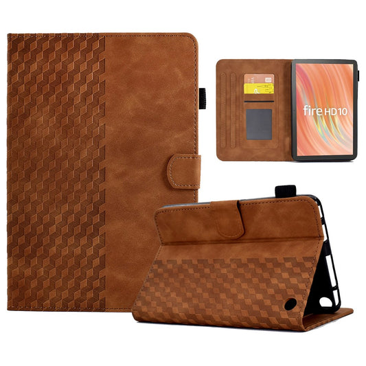 A6 For Amazon Fire HD 10 (2023) Leather Case Block Pattern Imprinted Card Slots Tablet Cover