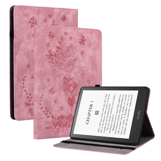 For Amazon Kindle Paperwhite (2024) / Kindle Colorsoft Leather Case Card Holder Rose Flower E-Reader Cover