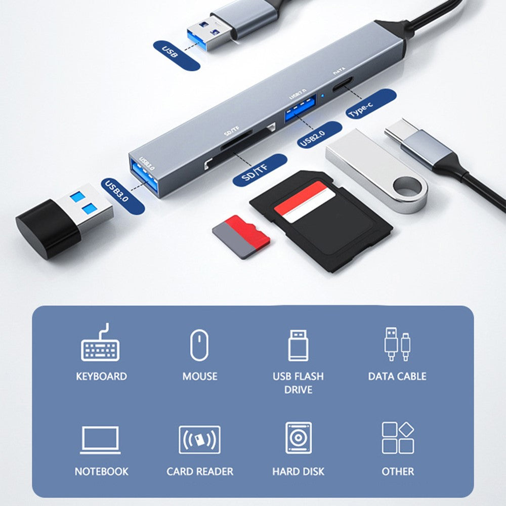 ADS-806A 5-in-1 USB-A to USB3.0 + USB2.0 + Type-C + SD / TF Slot USB Hub Splitter