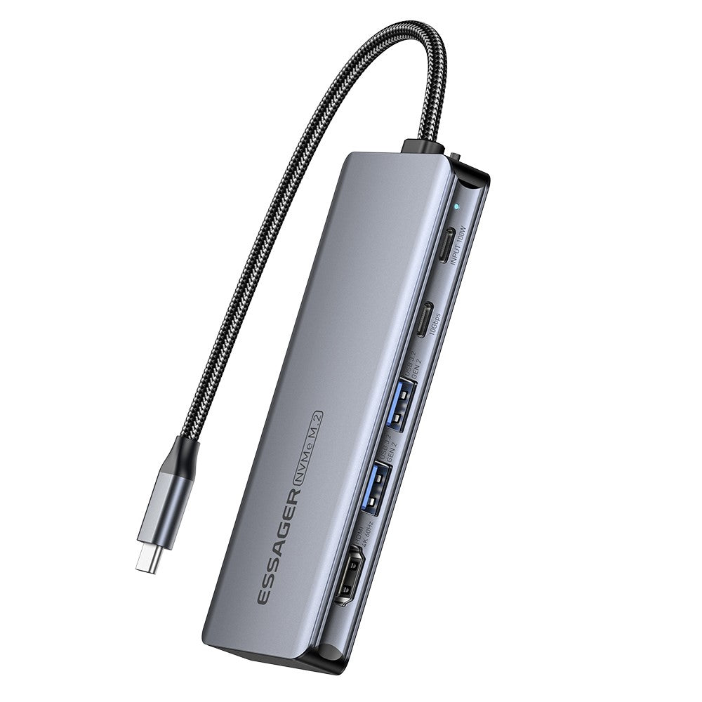 ESSAGER 6-in-1 Docking Station USB Hub Type-C to USB-C Charging + USB-C Data + 2xUSB3.2 + HD + Hard Disk Enclosure