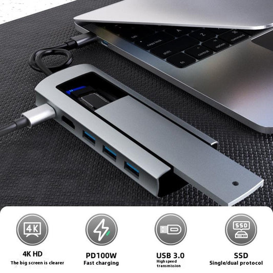 FX-2303 6-in-1 Type-C Hub M.2 SATA SSD Enclosure with 4K HD, 100W PD, 3x USB 3.0 Port
