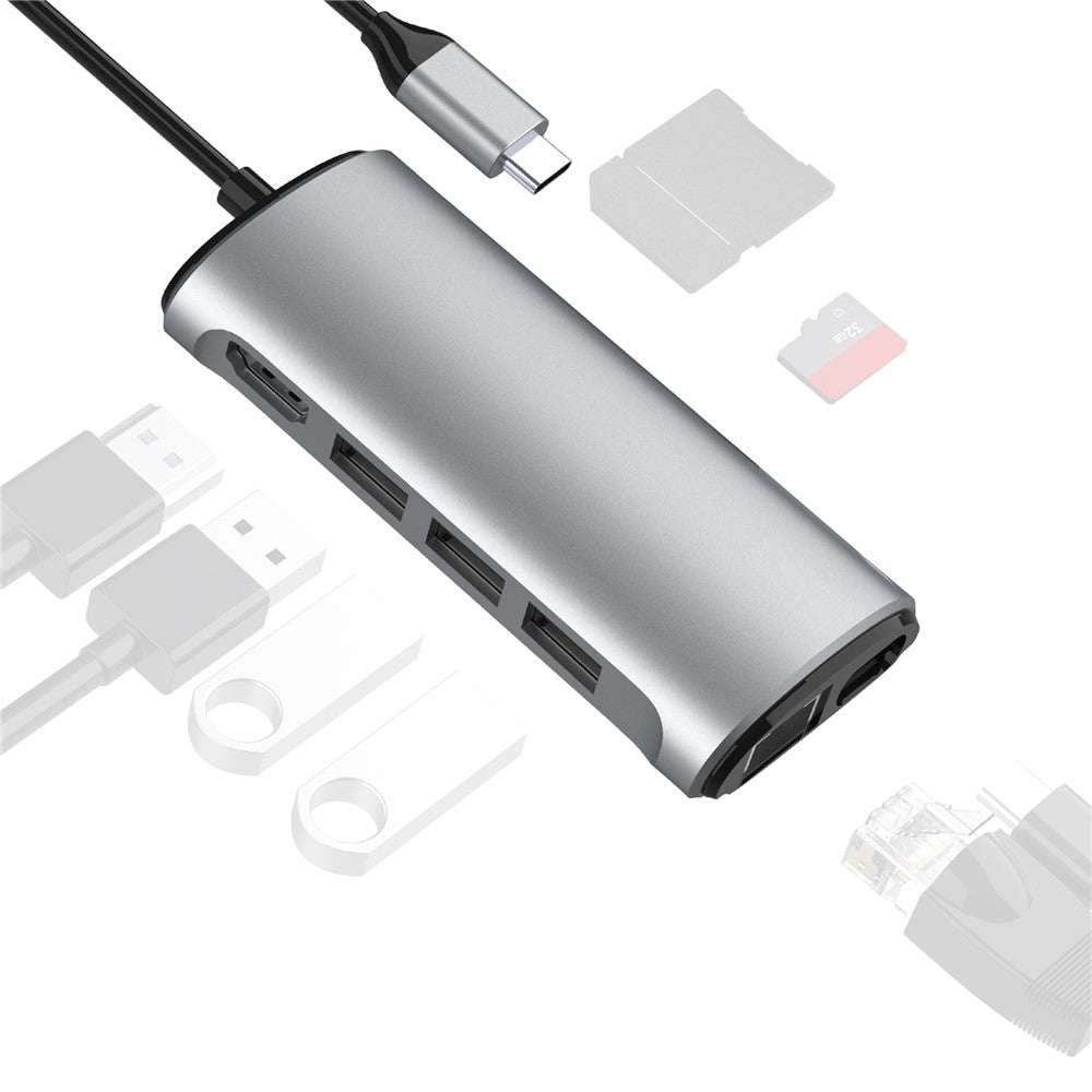 FX-1926B 8 in 1 Type-C Hub Dongle with HDMI 4K@60Hz / RJ45 Ethernet / 100W Power Delivery / SD / TF Card Reader