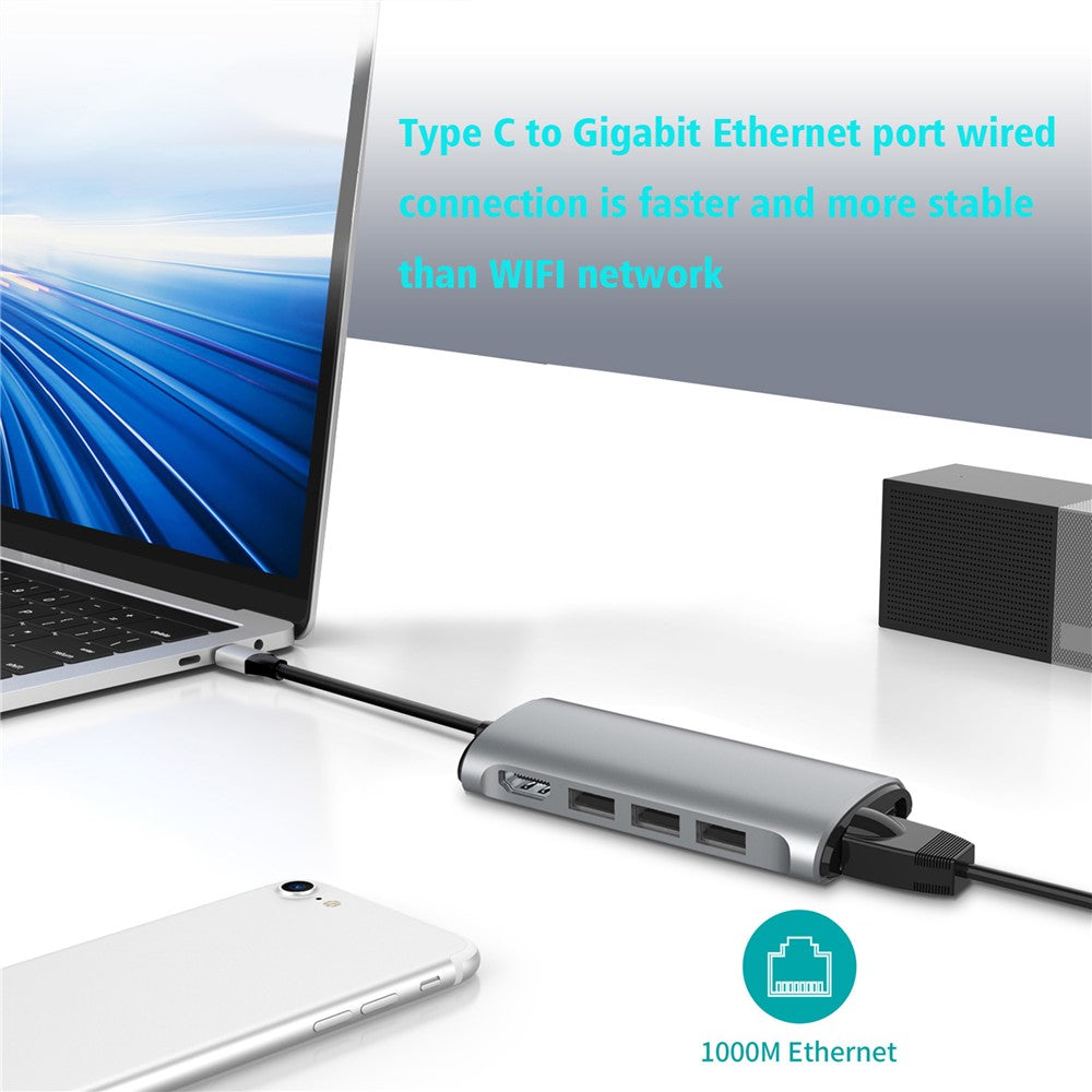 FX-1926B 8 in 1 Type-C Hub Dongle with HDMI 4K@60Hz / RJ45 Ethernet / 100W Power Delivery / SD / TF Card Reader