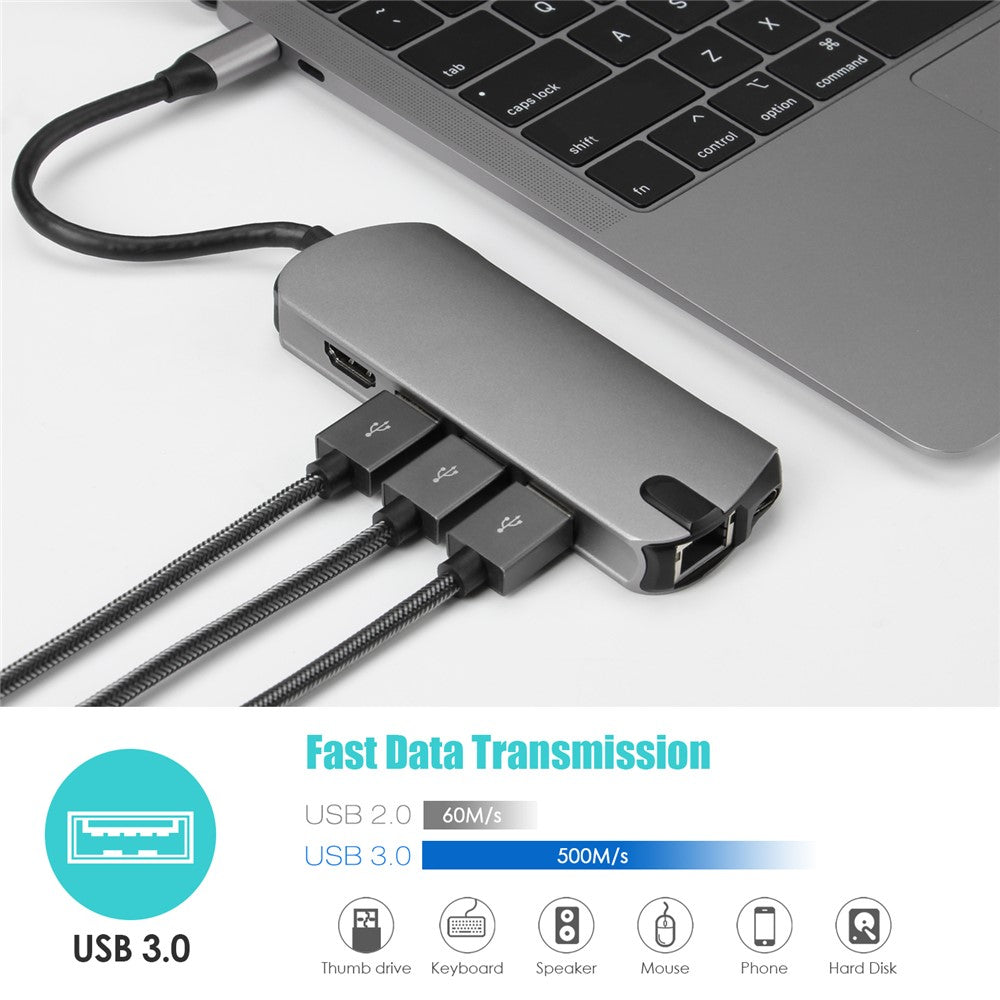 FX-1916 Type-C HUB 8 in 1 USB-C Adapter with 4K@30Hz HDMI  /  100W PD USB C Port  /  USB 3.0  /  RJ45 Ethernet  /  SD  /  TF Card Reader Docking Station