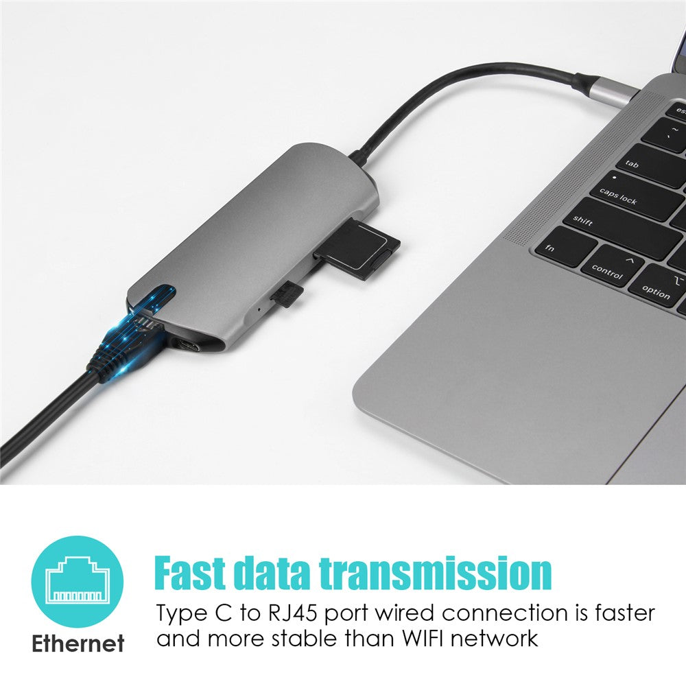 FX-1916 Type-C HUB 8 in 1 USB-C Adapter with 4K@30Hz HDMI  /  100W PD USB C Port  /  USB 3.0  /  RJ45 Ethernet  /  SD  /  TF Card Reader Docking Station