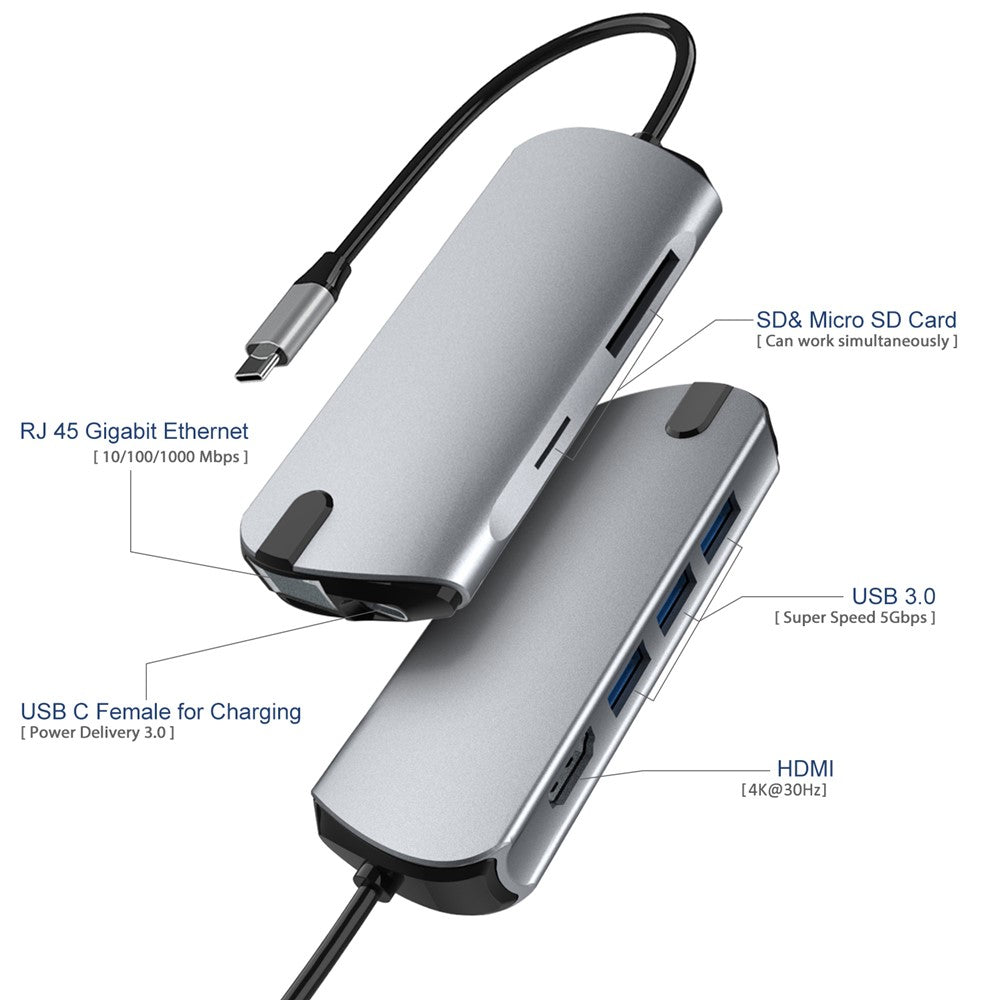 FX-1916 Type-C HUB 8 in 1 USB-C Adapter with 4K@30Hz HDMI  /  100W PD USB C Port  /  USB 3.0  /  RJ45 Ethernet  /  SD  /  TF Card Reader Docking Station