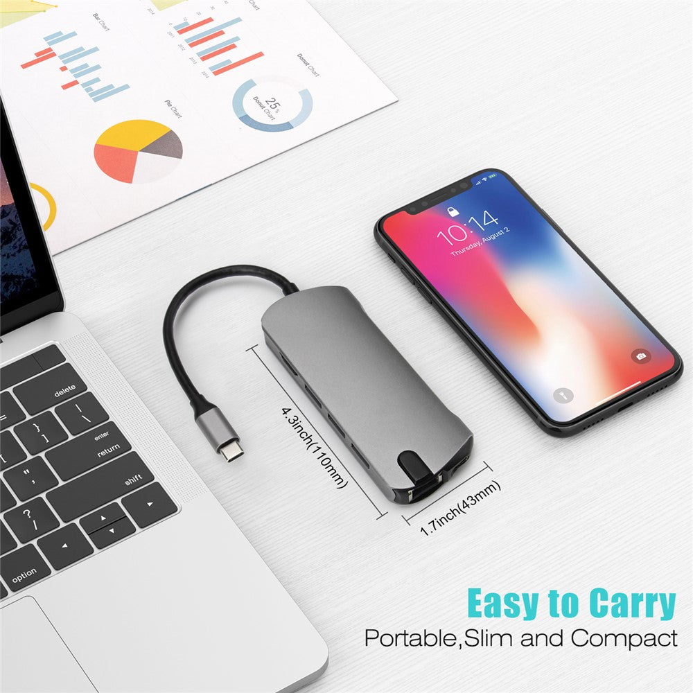 FX-1916 Type-C HUB 8 in 1 USB-C Adapter with 4K@30Hz HDMI  /  100W PD USB C Port  /  USB 3.0  /  RJ45 Ethernet  /  SD  /  TF Card Reader Docking Station