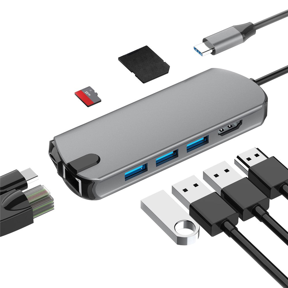 FX-1916 Type-C HUB 8 in 1 USB-C Adapter with 4K@60Hz HDMI / 100W PD USB C Port / USB 3.0 / RJ45 Ethernet / SD / TF Card Reader Docking Station