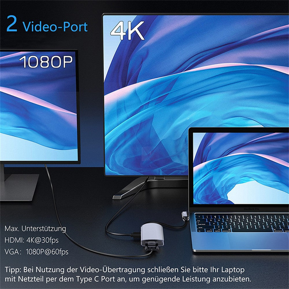 FX-1939C Docking Station Type-C to USB-C + 4xUSB2.0 + SD / TF Card Slot + 3.5mm + 4K HD + VGA + RJ45 USB Hub Adapter