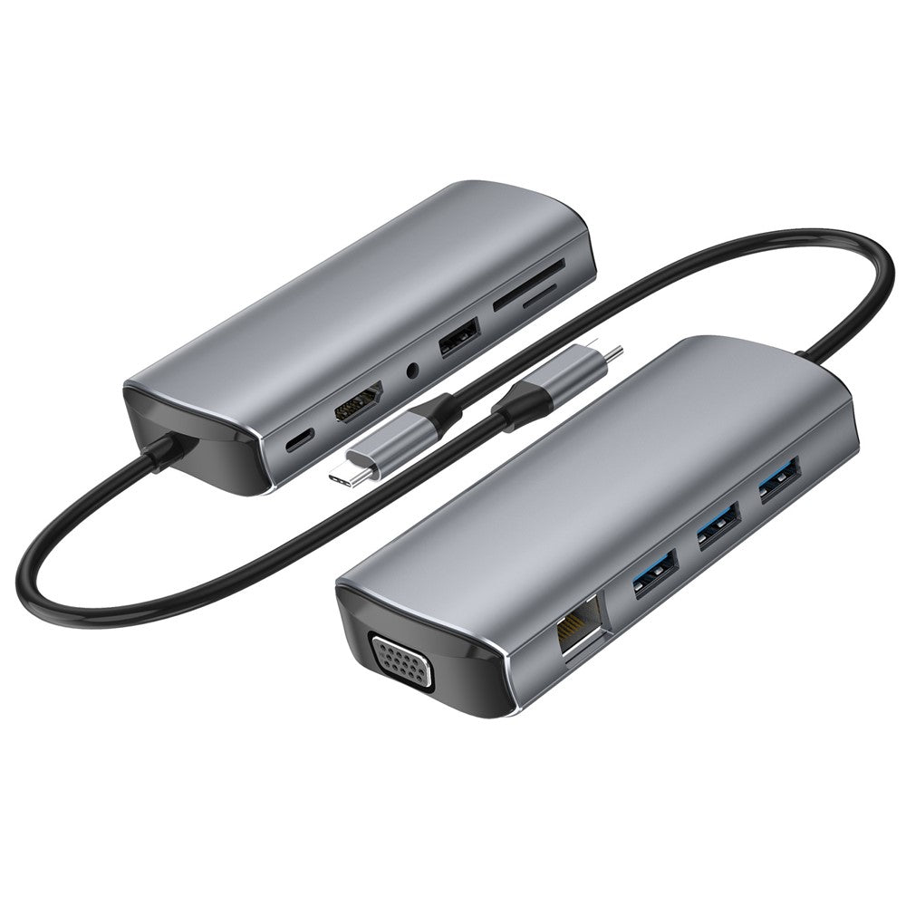 1928 11-in-1 Docking Station Type-C to USB-C + USB2.0 + 3xUSB3.0 + SD / TF Card Slot + 3.5mm + 4K HD + VGA + RJ45 USB Hub Adapter