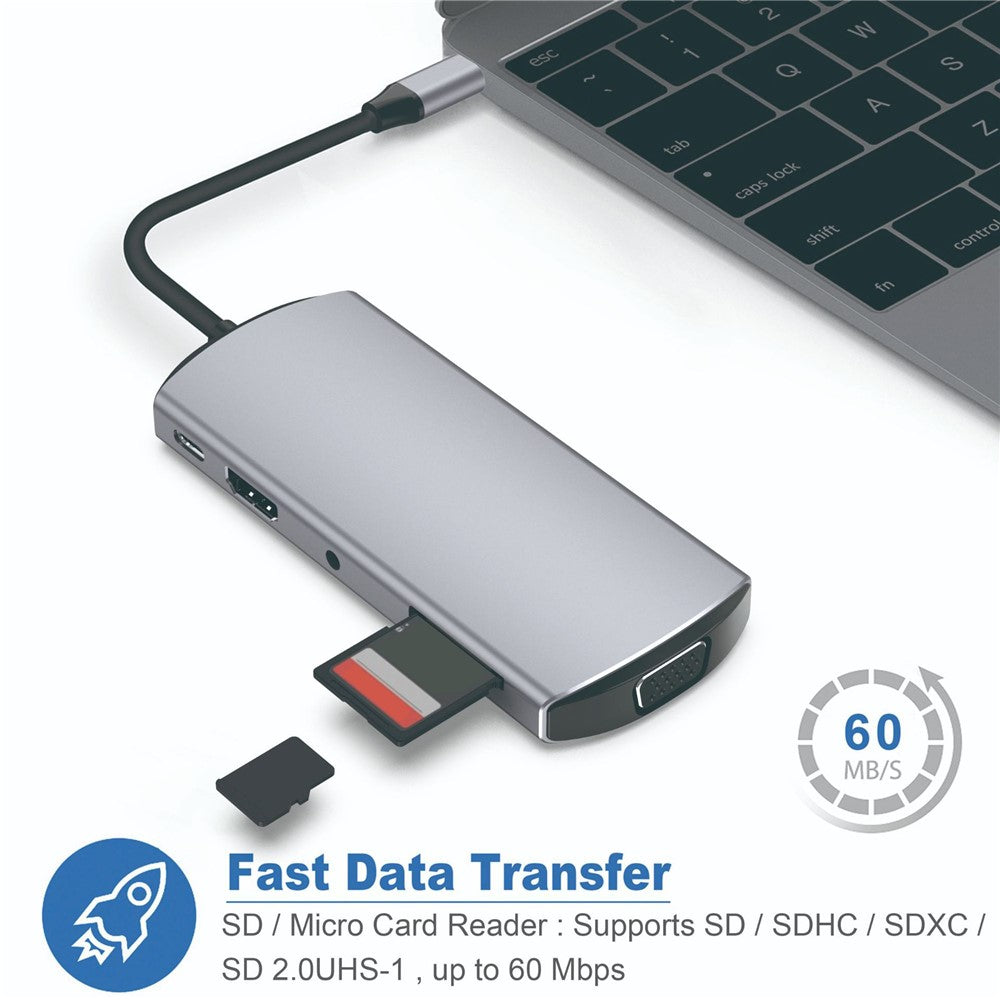 FX-1928G 9-in-1 USB Hub Docking Station Type-C to USB-C + 3xUSB3.0 + SD / TF Card Slot + 3.5mm + 4K HD + VGA Adapter