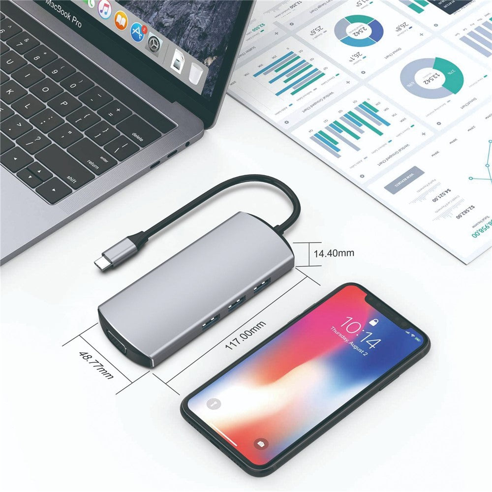 FX-1928G 9-in-1 USB Hub Docking Station Type-C to USB-C + 3xUSB3.0 + SD / TF Card Slot + 3.5mm + 4K HD + VGA Adapter