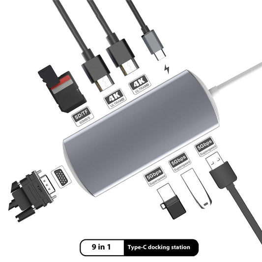 9-in-1 USB Hub Type-C to USB-C + 3xUSB3.0 + SD / TF Card Slot + 2xHD + VGA Adapter Docking Station