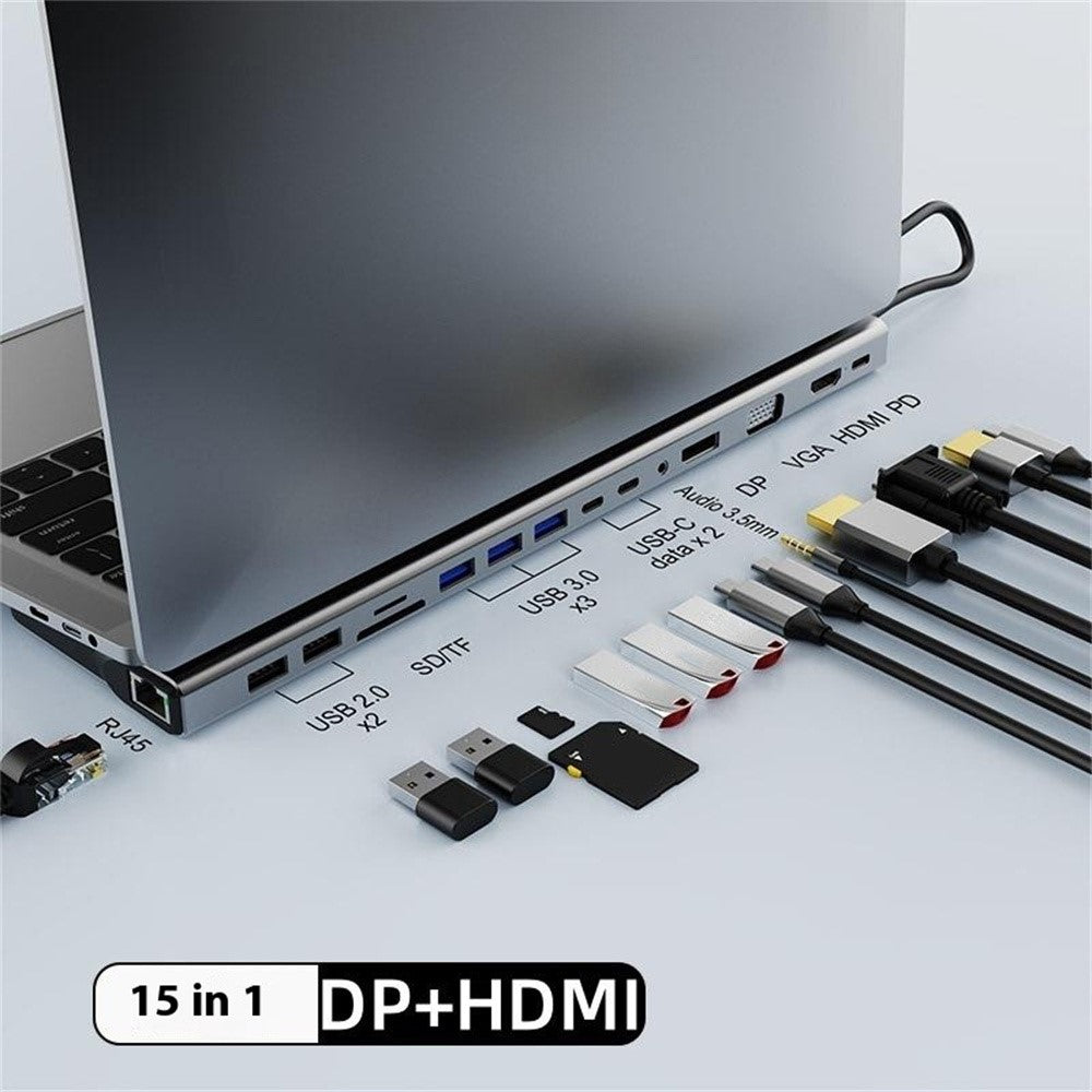 FX-2020C 15-in-1 Type-C Hub with 4K HD, DP, VGA, 100W PD Charging, USB 3.0, RJ45 Ethernet Port