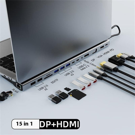 FX-2020C 15-in-1 Type-C Hub with 4K HD, DP, VGA, 100W PD Charging, USB 3.0, RJ45 Ethernet Port