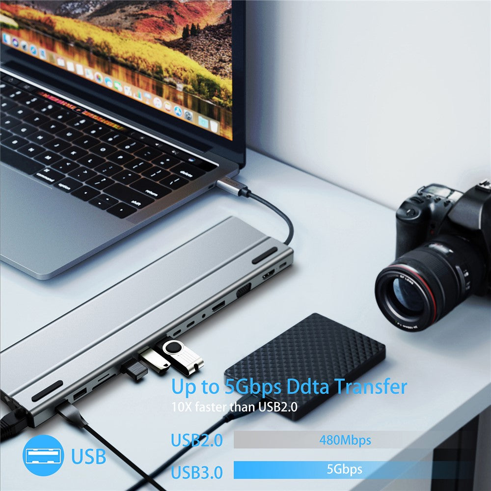 FX-2020C 15-in-1 Type-C Hub with Dual 4K HD, 100W PD, 5Gbps USB-C, VGA, RJ45 and SD / TF Card Reader