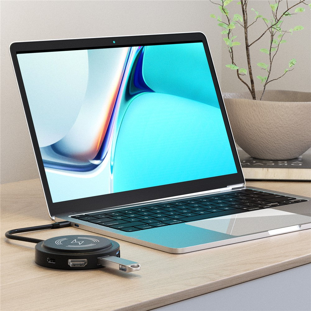 FX-2318A 6-in-1 Type-C Hub 15W Wireless Charger Round Docking Station with 4K HD Output