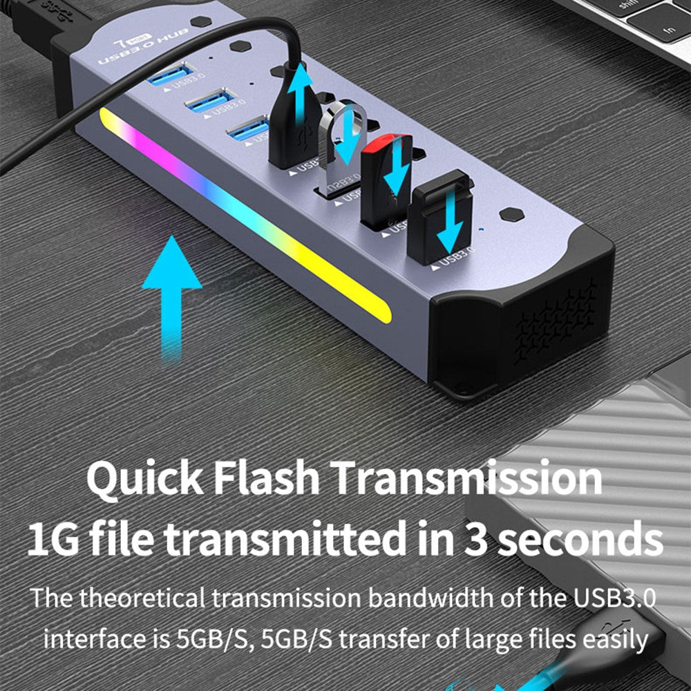 YX-H307 7 Port USB 3.0 Hub with Individual On / Off Switches and Lights 5Gbps Data Transfer for Laptop  /  PC