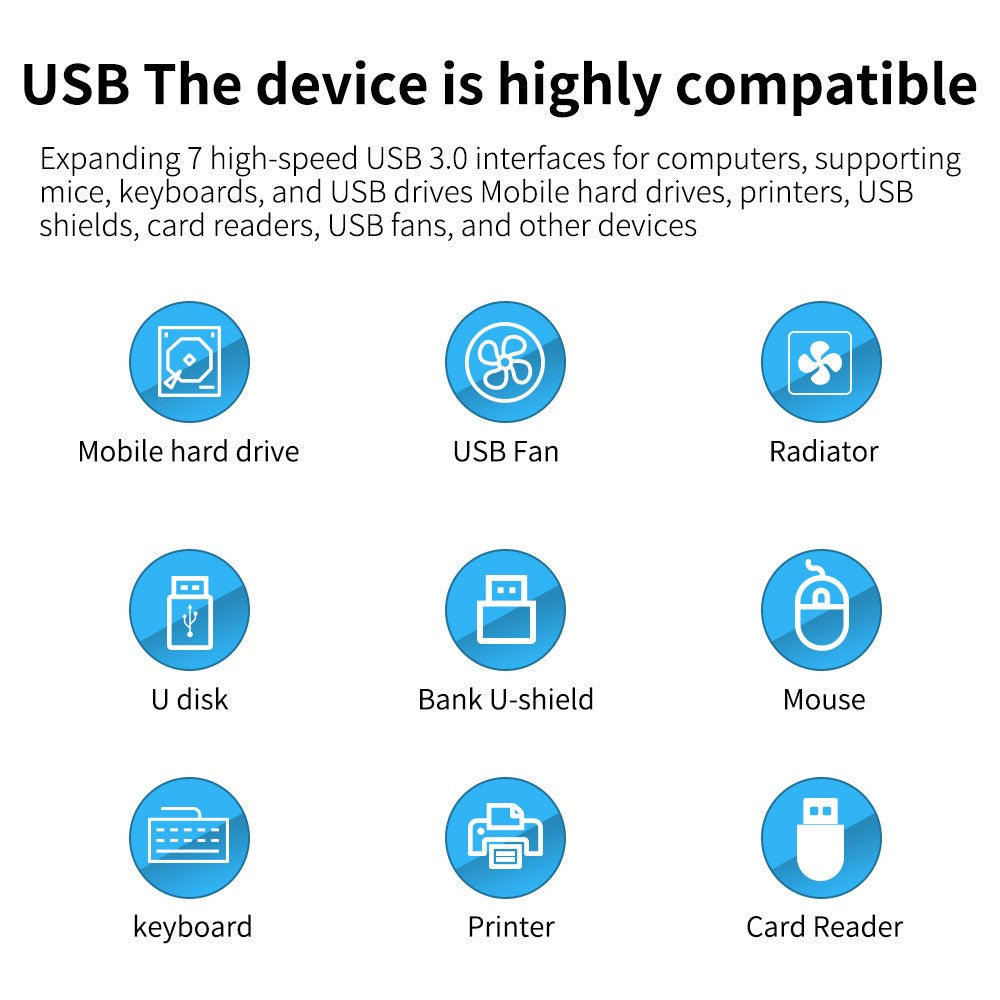 YX-H307 7 Port USB 3.0 Hub with Individual On / Off Switches and Lights 5Gbps Data Transfer for Laptop  /  PC