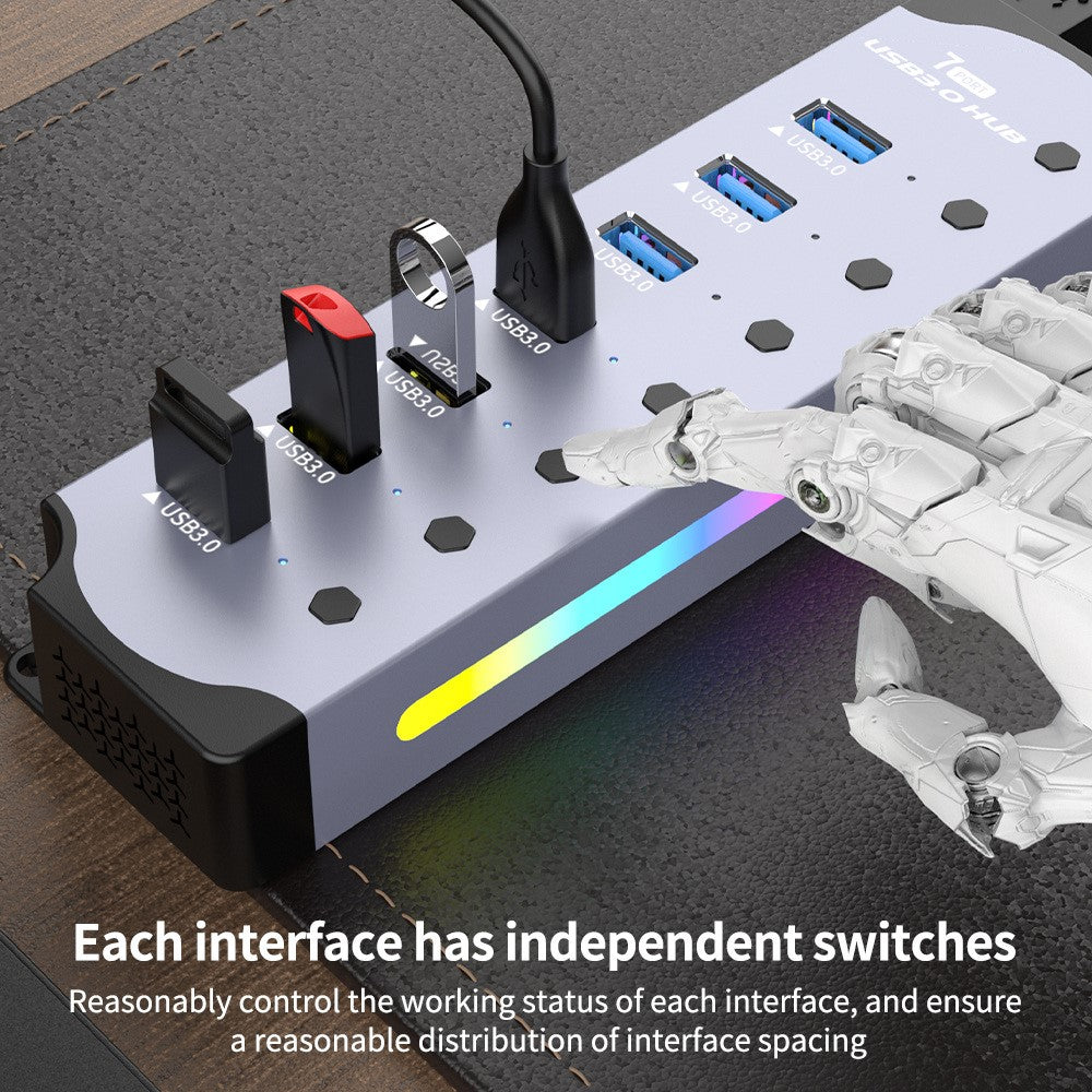 YX-H307 7 Port USB 3.0 Hub with Individual On / Off Switches and Lights 5Gbps Data Transfer for Laptop  /  PC