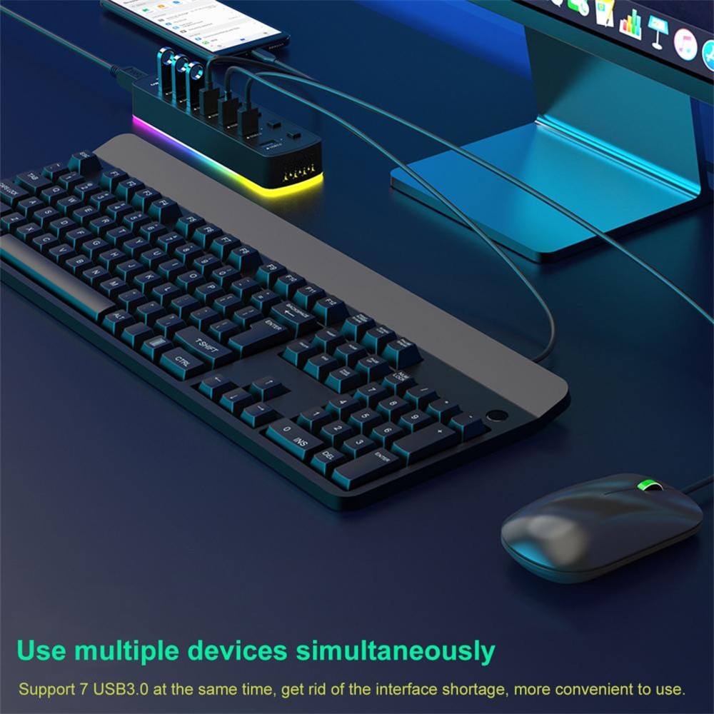 U307 7-Port USB 3.0 Hub Splitter with Individual Switches and 14 RGB Lighting Modes for Computer TV