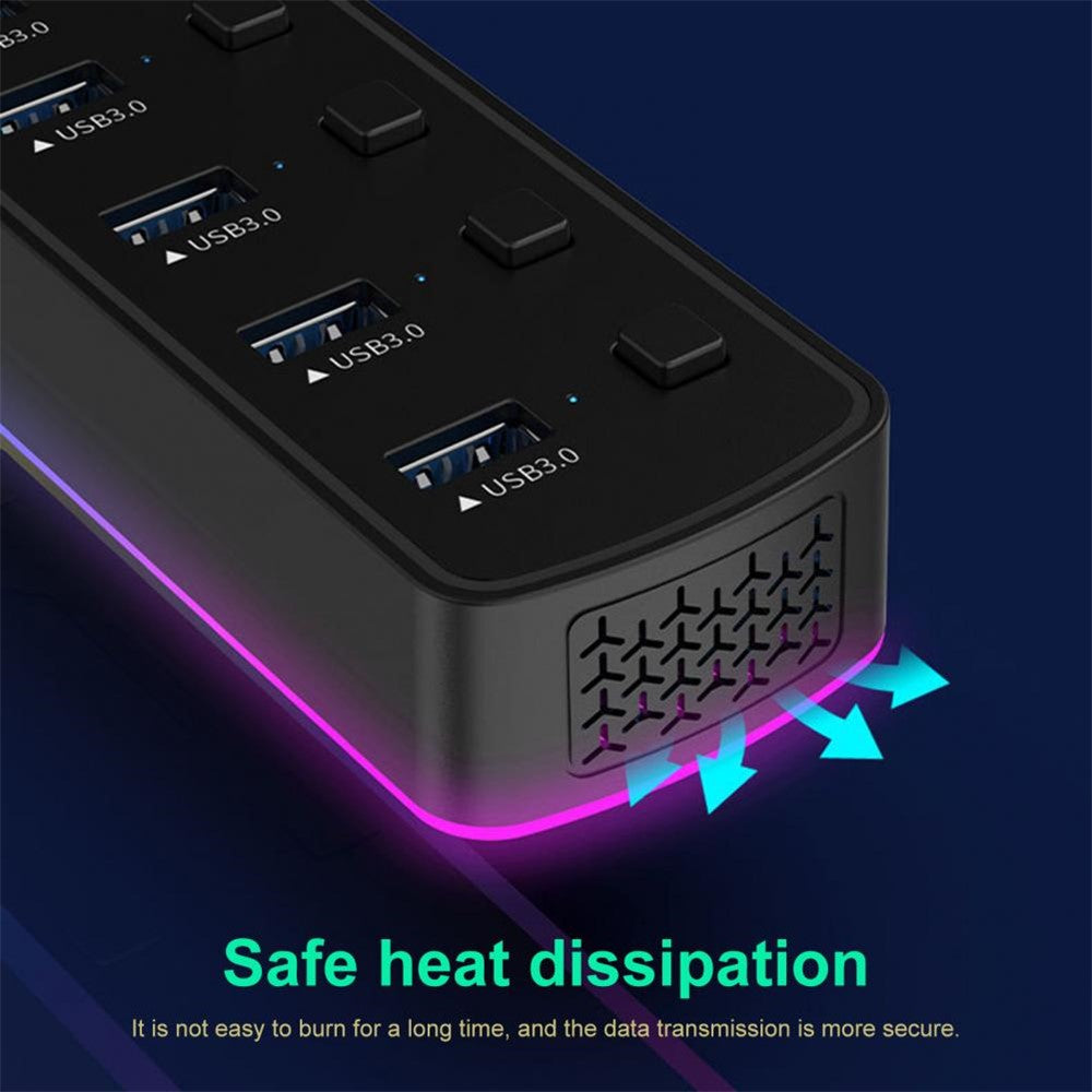 U307 7-Port USB 3.0 Hub Splitter with Individual Switches and 14 RGB Lighting Modes for Computer TV