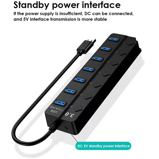 USB3.0 7-Port Hub High Speed Data Transfer Expansion Dock with Individual Switches for Laptop Desktop PC