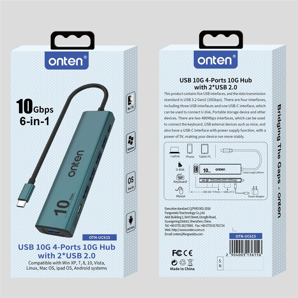 ONTEN UC615 USB-C Hub 4 x USB3.2 Gen2 + 2 x USB-A + USB-C Power Port Adapter