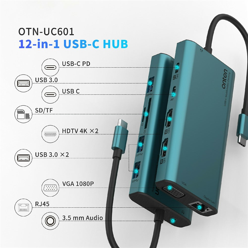 ONTEN UC601 USB 3.0 Hub Docking Station Gigabit Ethernet RJ45  /  Dual HDMI 4K  /  Type-C Multifunction Adapter