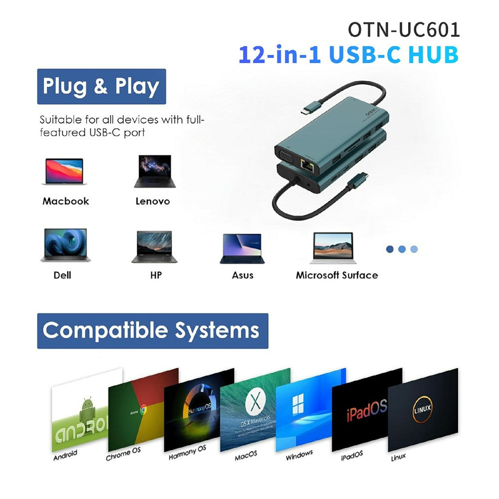 ONTEN UC601 USB 3.0 Hub Docking Station Gigabit Ethernet RJ45  /  Dual HDMI 4K  /  Type-C Multifunction Adapter