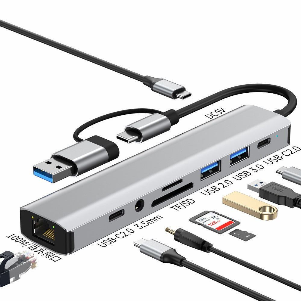 2509 USB-C / USB Hub 9 in 1 Docking Station RJ45 USB3.0 USB2.0 USB-C2.0 3.5mm DC5V SD / TF Card Reader Adapter